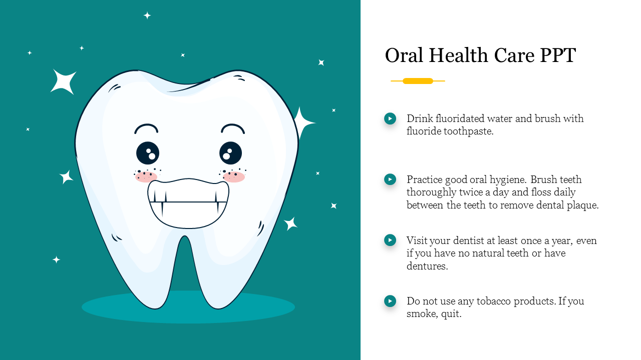 Illustration of a smiling tooth alongside oral health care tips on a teal and white backdrop.