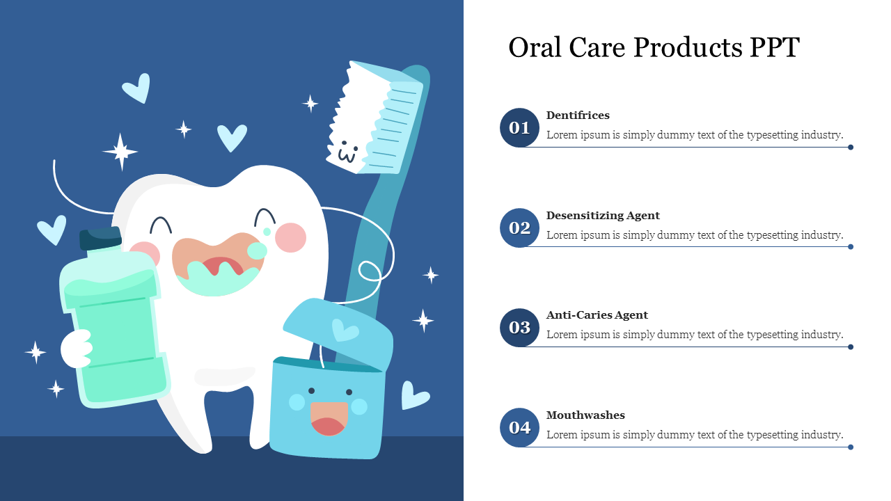 Illustration of a happy tooth with toothbrush and mouthwash, and a list of four numbered oral care text placeholders.