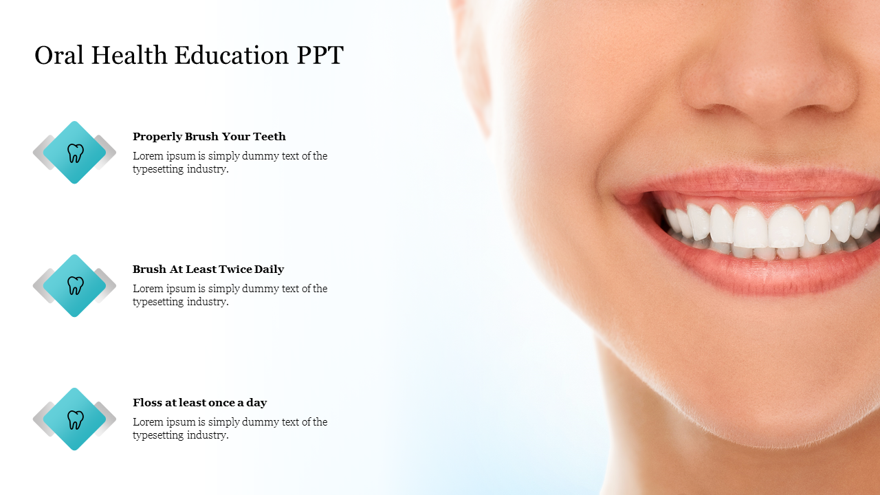 Oral health slide featuring a close up of a smiling person with healthy white teeth, alongside dental hygiene tips.