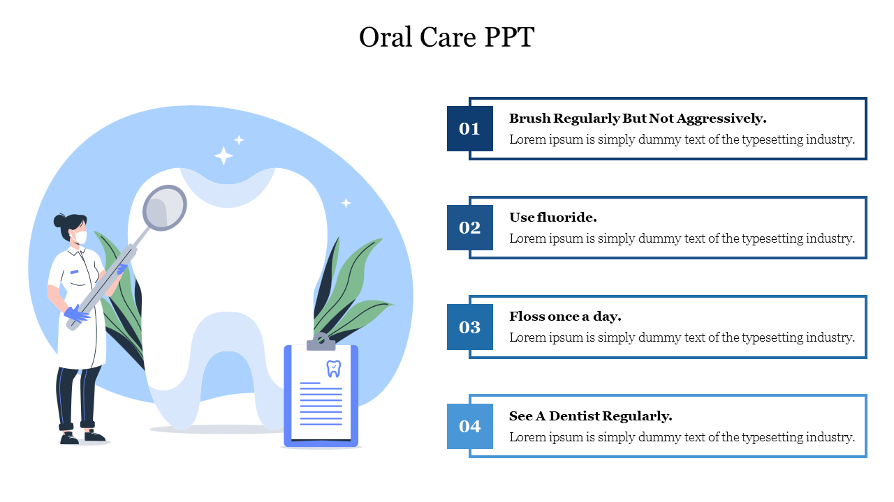 Illustration of a dentist examining a large tooth with a clipboard nearby, and four oral care tips in numbered boxes.