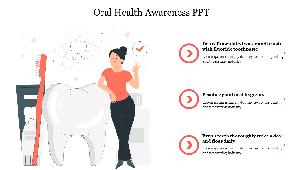 Illustration of a woman with a large tooth, toothbrush, and dental icons, with three oral health tips on the right.