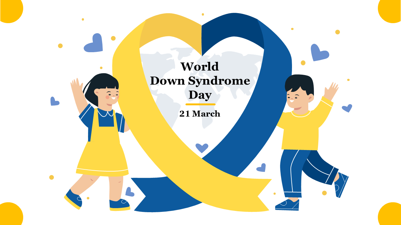 Illustration of two children next to a large yellow and blue ribbon with world down syndrome day text in the center.