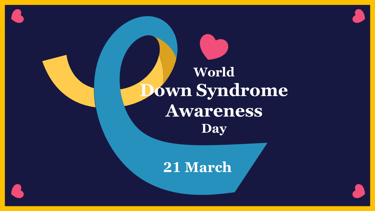 Colorful Down Syndrome awareness day template with ribbon and hearts, marking the 21st of March.