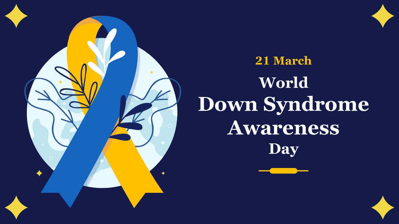 World down syndrome awareness day slide with a blue and yellow awareness ribbon, celebrated on 21 march.