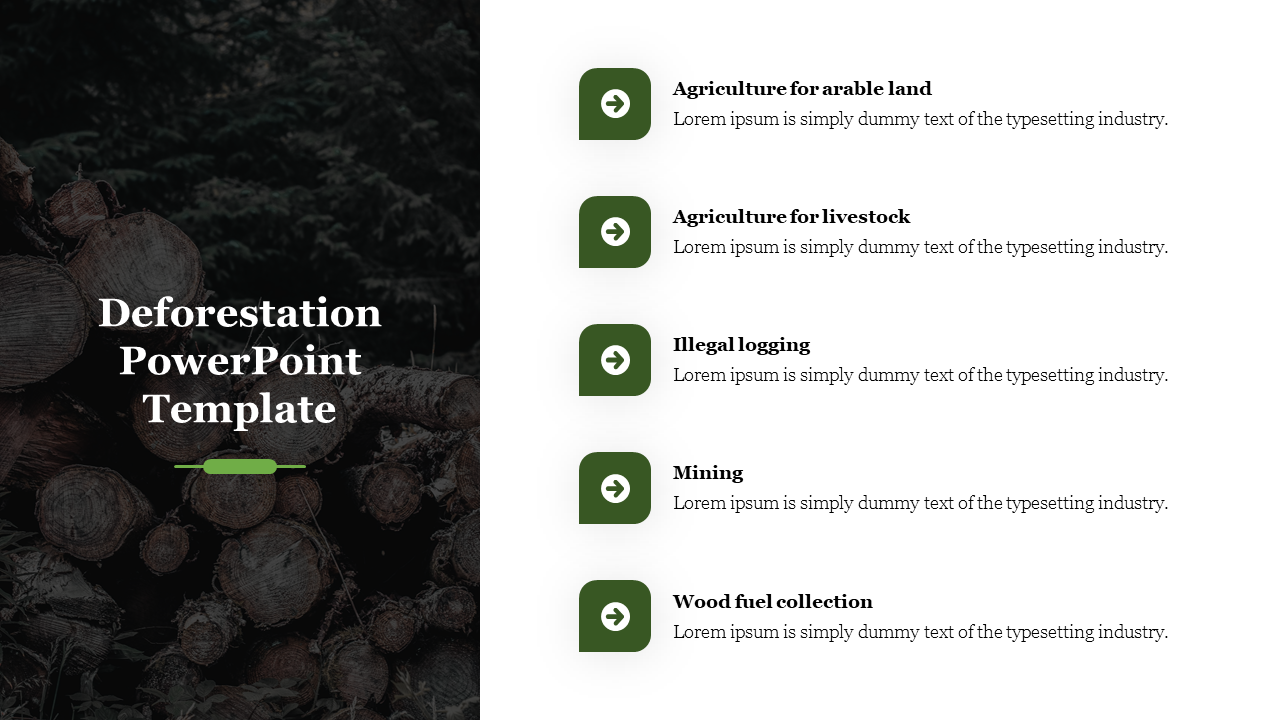 Dark background of tree logs with title, and green bullet points outlining causes of deforestation on the right.