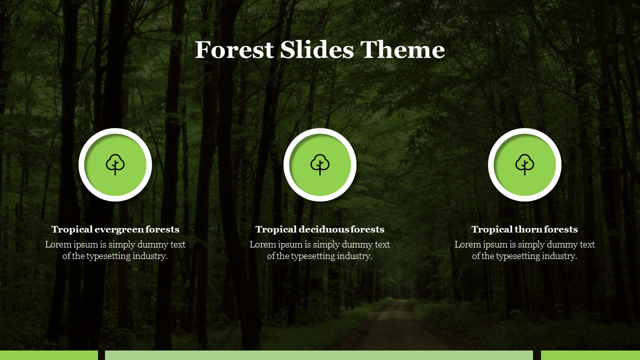 Slide featuring a forest theme with icons for tropical evergreen, deciduous, and thorn forests.