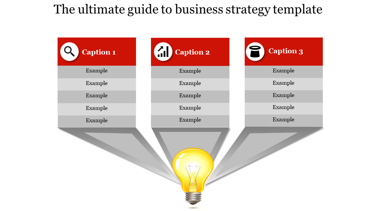 Business strategy template featuring a magnifying glass, graph, and hat icons with caption placeholders.