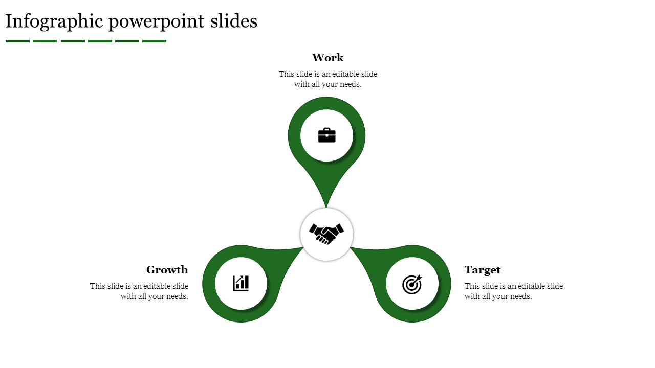 Infographic PowerPoint slide featuring three sections Work, Growth, and Target, each with icons and text sections.