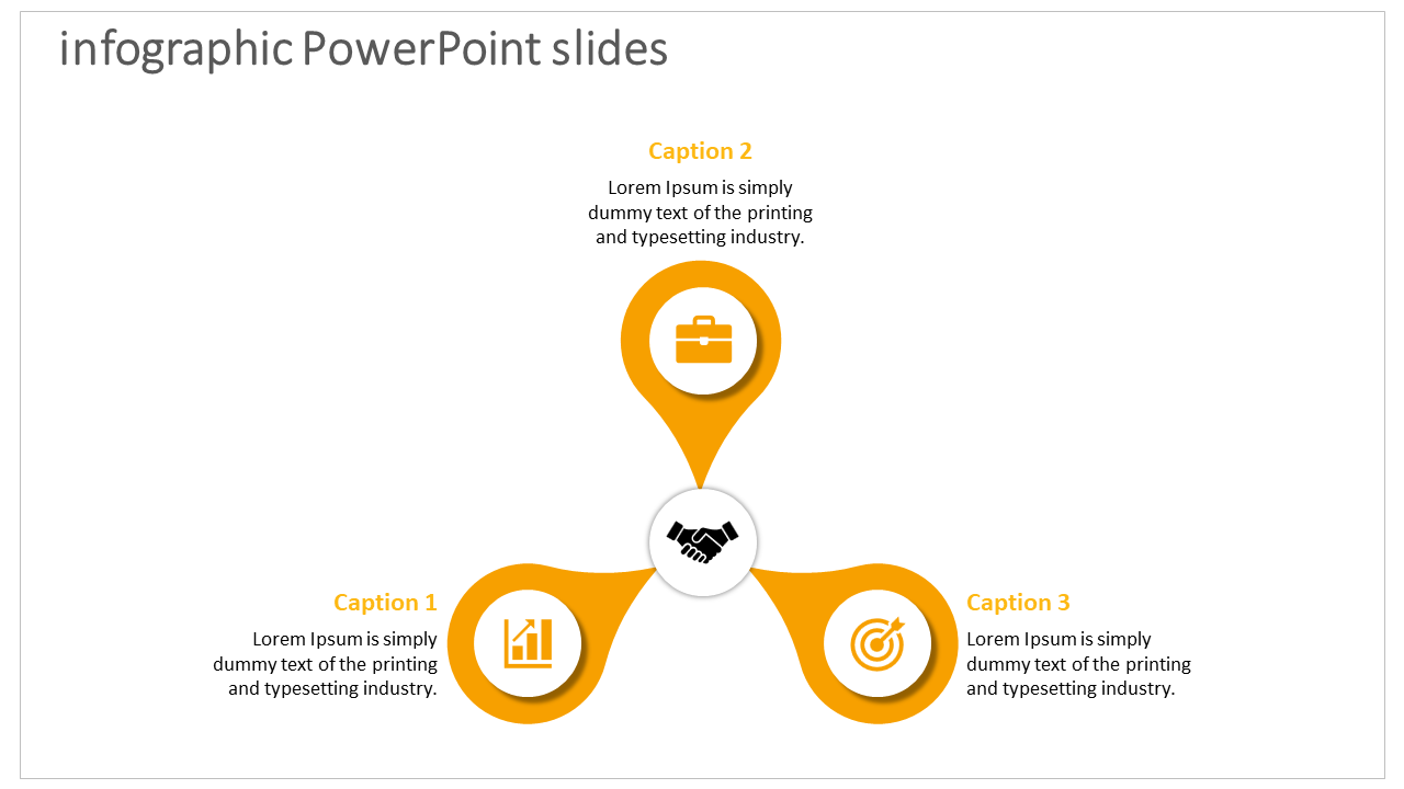 Triangular infographic slide with a central handshake icon and three connected yellow sections and labeled captions.