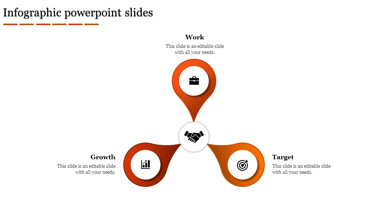 Triangular infographic slide with a central handshake icon and three connected orange sections and labeled captions.