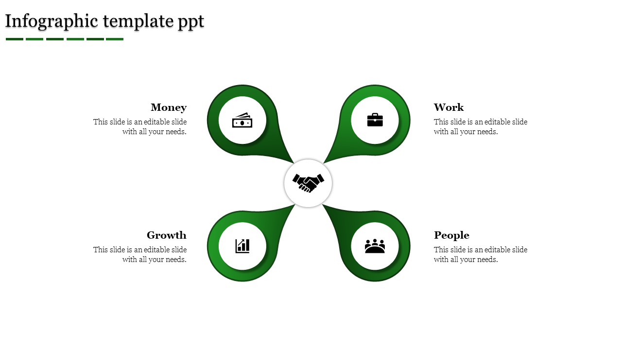 Infographic PPT slide with a handshake icon in the center, branching out to four green sections with icons and text area.