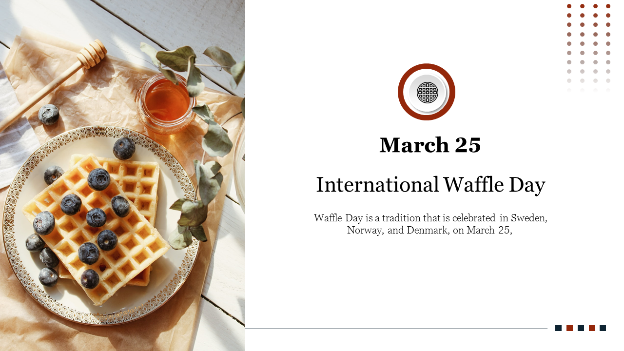 International Waffle Day slide with a waffle breakfast setup and information about the celebration date and countries.