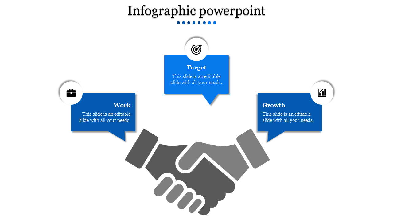 Slide design illustrating an infographic template featuring a handshake, complemented by blue speech bubbles.