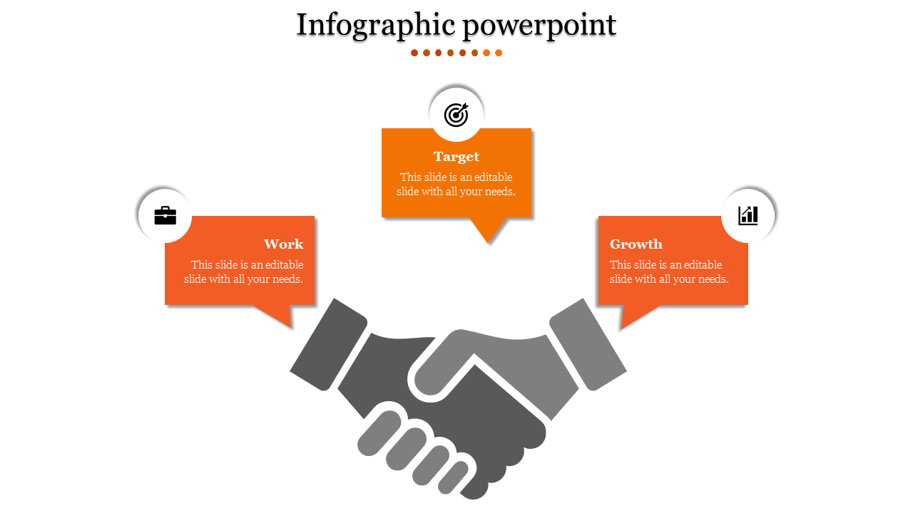 Gray handshake illustration at the bottom with three orange speech bubbles in a triangular layout on a white background.