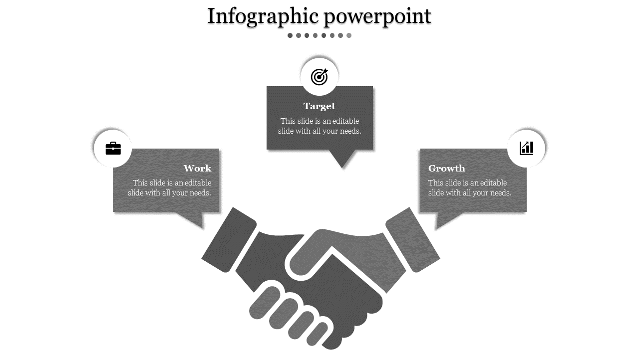 Gray handshake graphic in the center, linked to three text boxes above, each with icons.