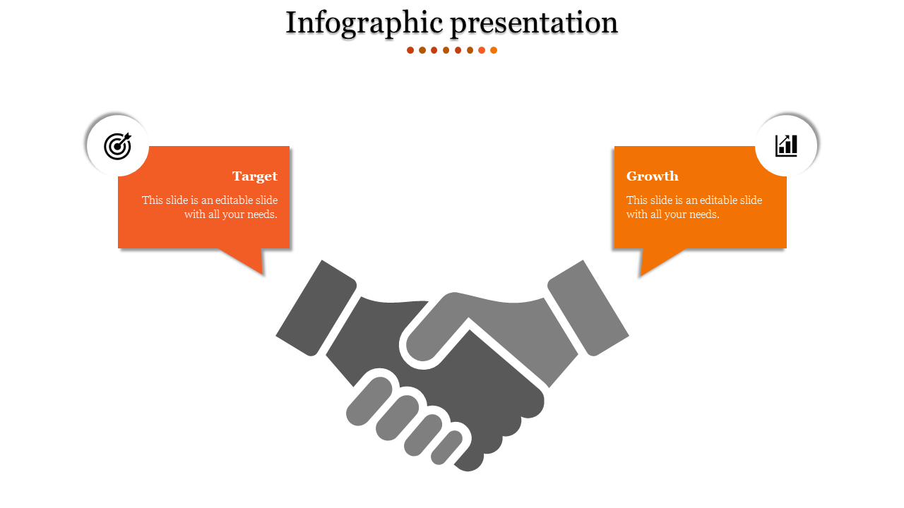 Infographic slide with handshake icon and two business goals Target and Growth, each highlighted in orange text boxes.