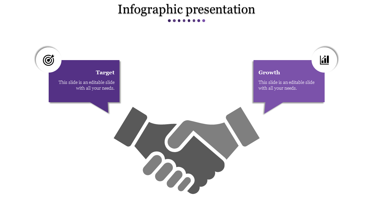 Infographic presentation slide with a handshake graphic at the center, accompanied by purple speech bubbles.