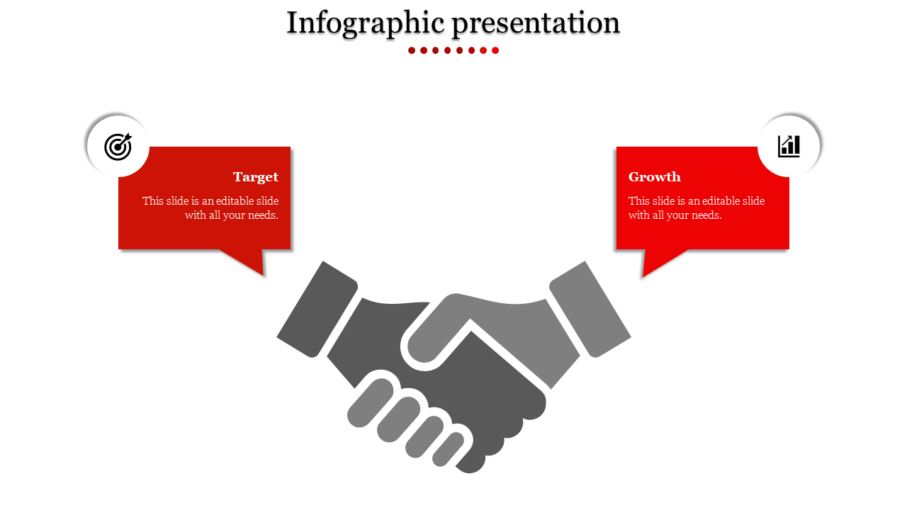 Infographic slide featuring a handshake icon with red speech bubbles highlighting Target and Growth concepts and text area.