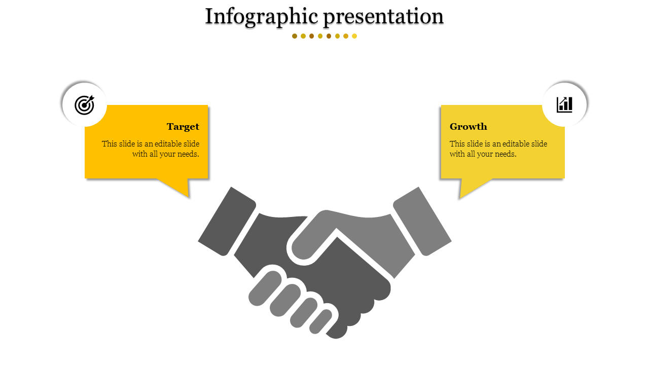 Infographic slide featuring a handshake icon at the center with yellow speech bubbles labeled Target and Growth.