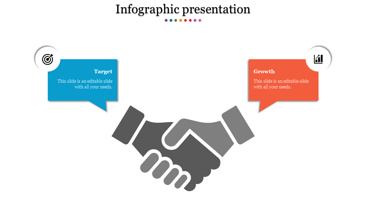 Central gray handshake graphic with two speech bubbles in blue and orange, containing icons.