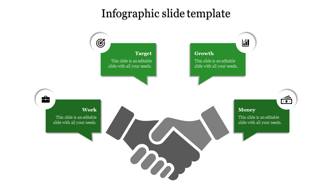 Central handshake icon in gray with four green speech bubbles at corners, each containing a white circular icon.