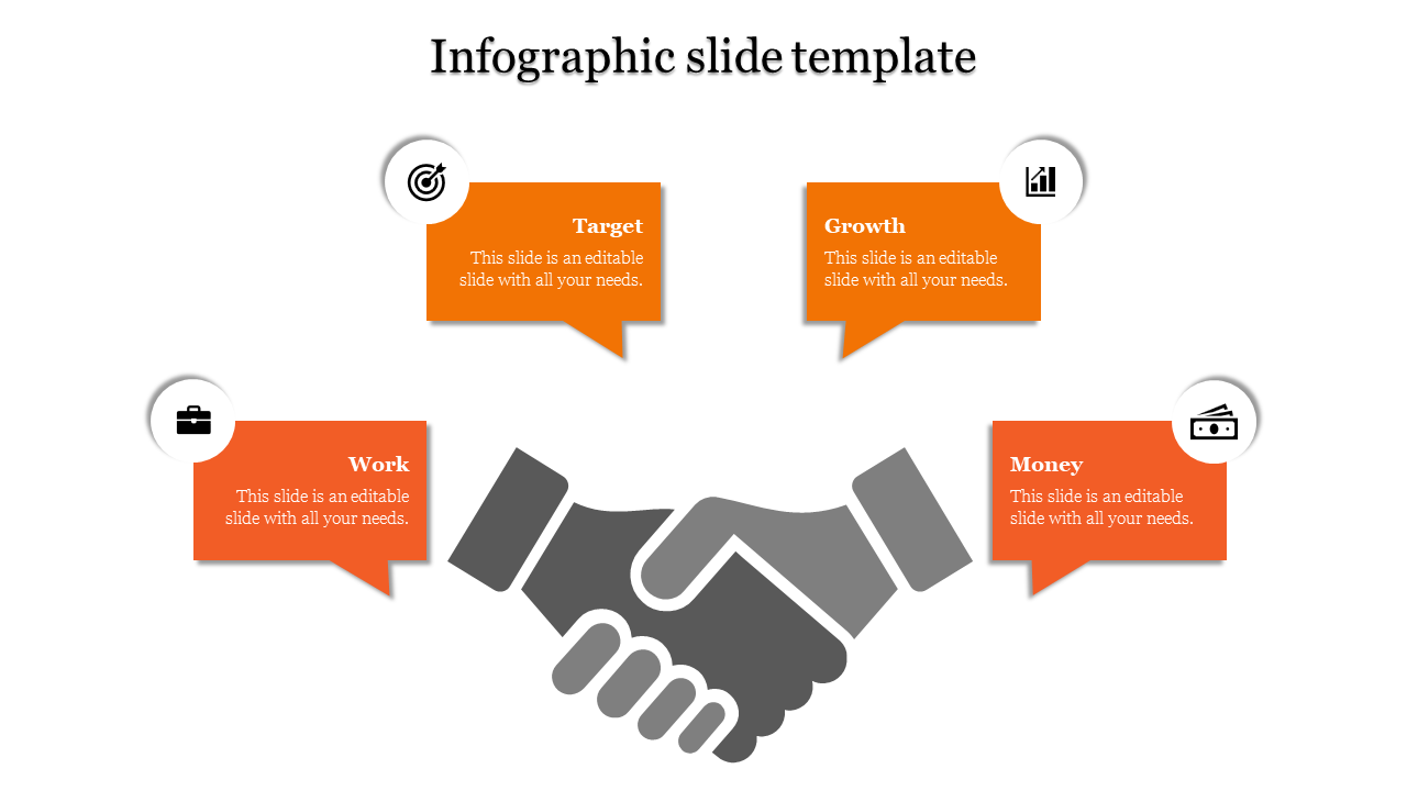 Infographic slide featuring a handshake icon with four labeled elements Target, Growth, Work, and Money.