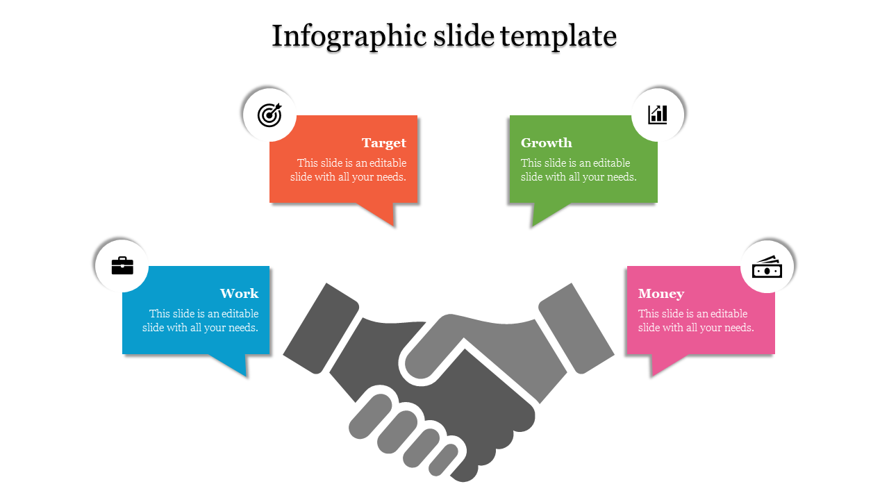 Infographic PowerPoint template with four icons representing Work, Target, Growth, and Money.