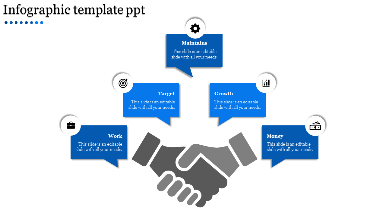 A slide design illustrating an infographic centered around a handshake, each containing placeholder text areas.