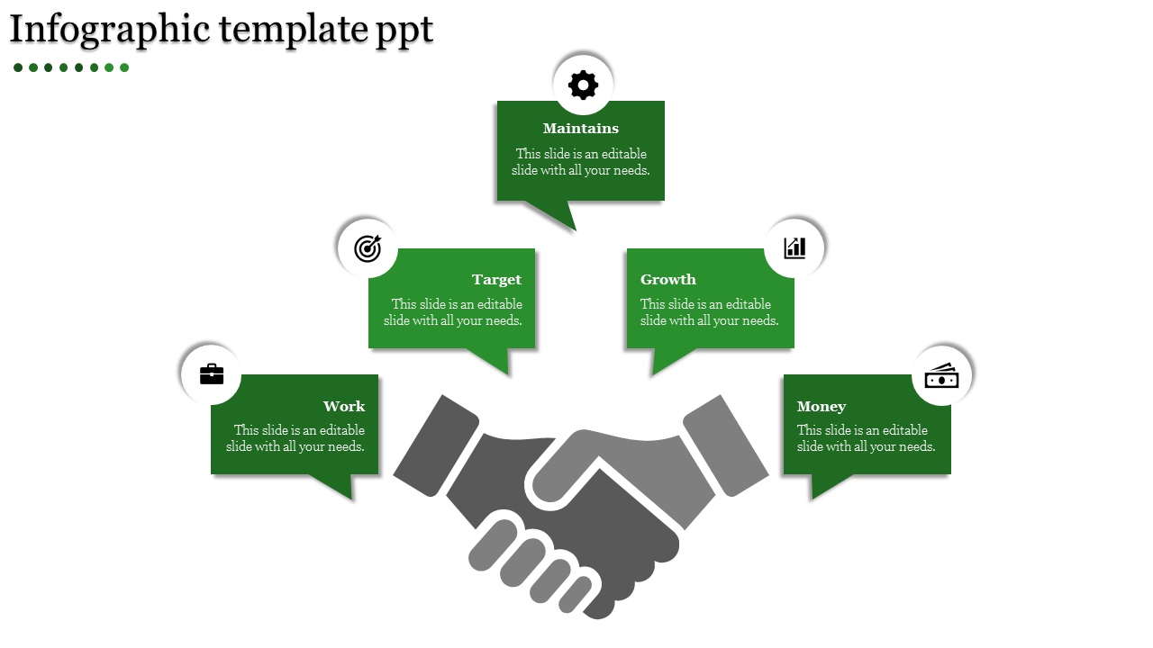 Infographic slide featuring a handshake in the center, surrounded by green speech bubbles each with placeholder text areas.