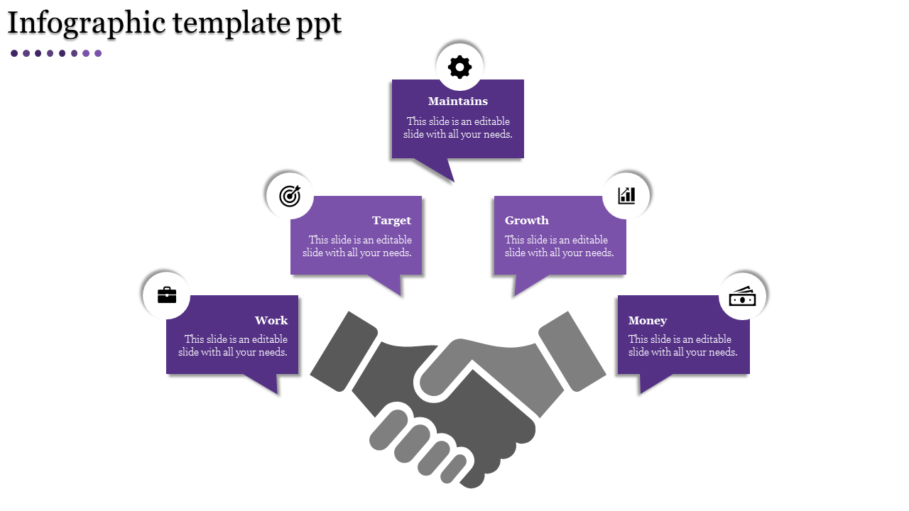 Infographic slide with handshake icon, surrounded by five labeled elements Maintains, Target, Growth, Work, and Money.