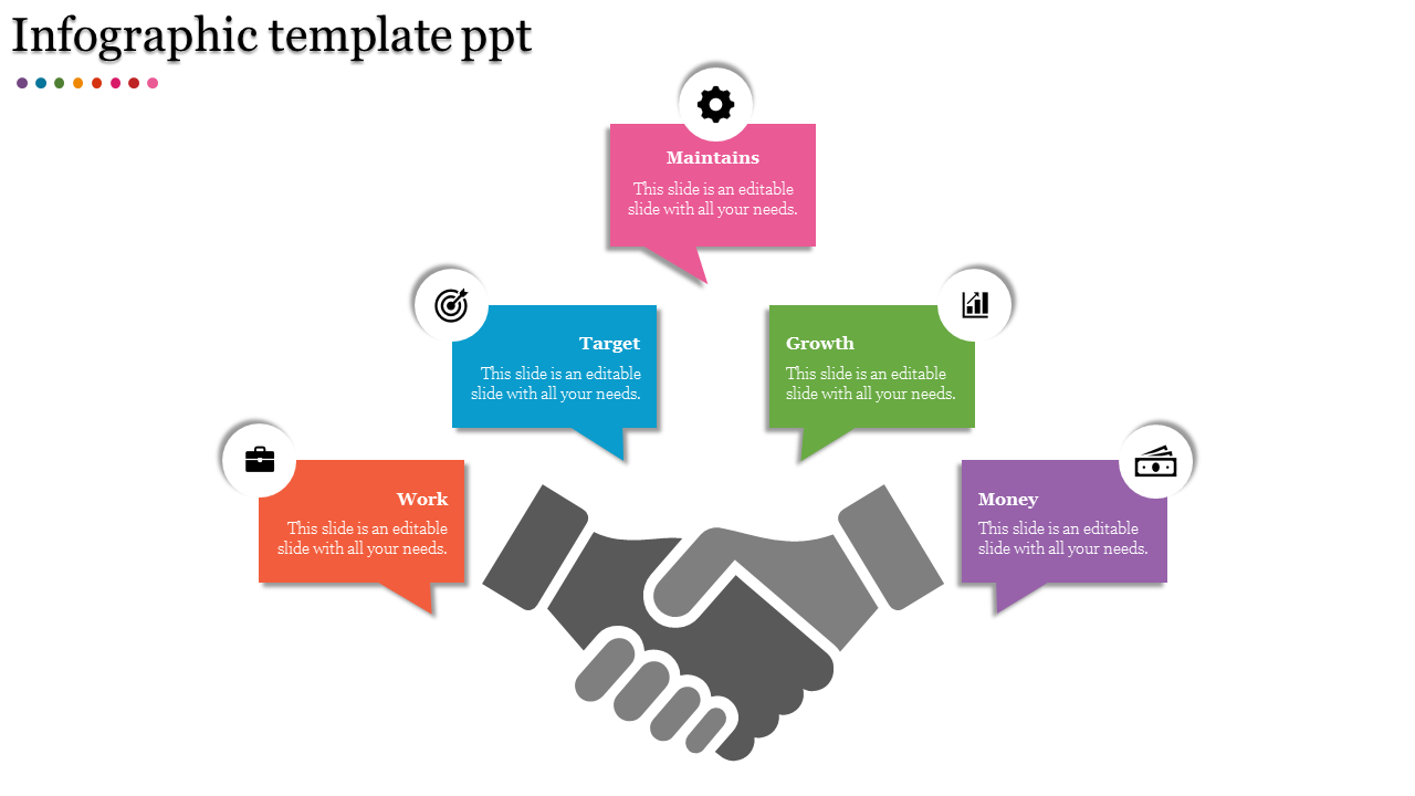 Corporate infographic featuring a central handshake graphic with five business-related captions in colored speech bubbles.