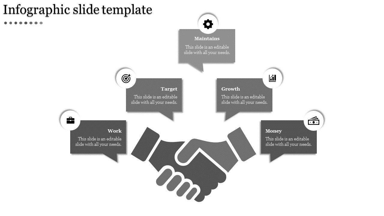 Infographic featuring a central handshake icon with five gray rectangular labels arranged symmetrically above and around it.