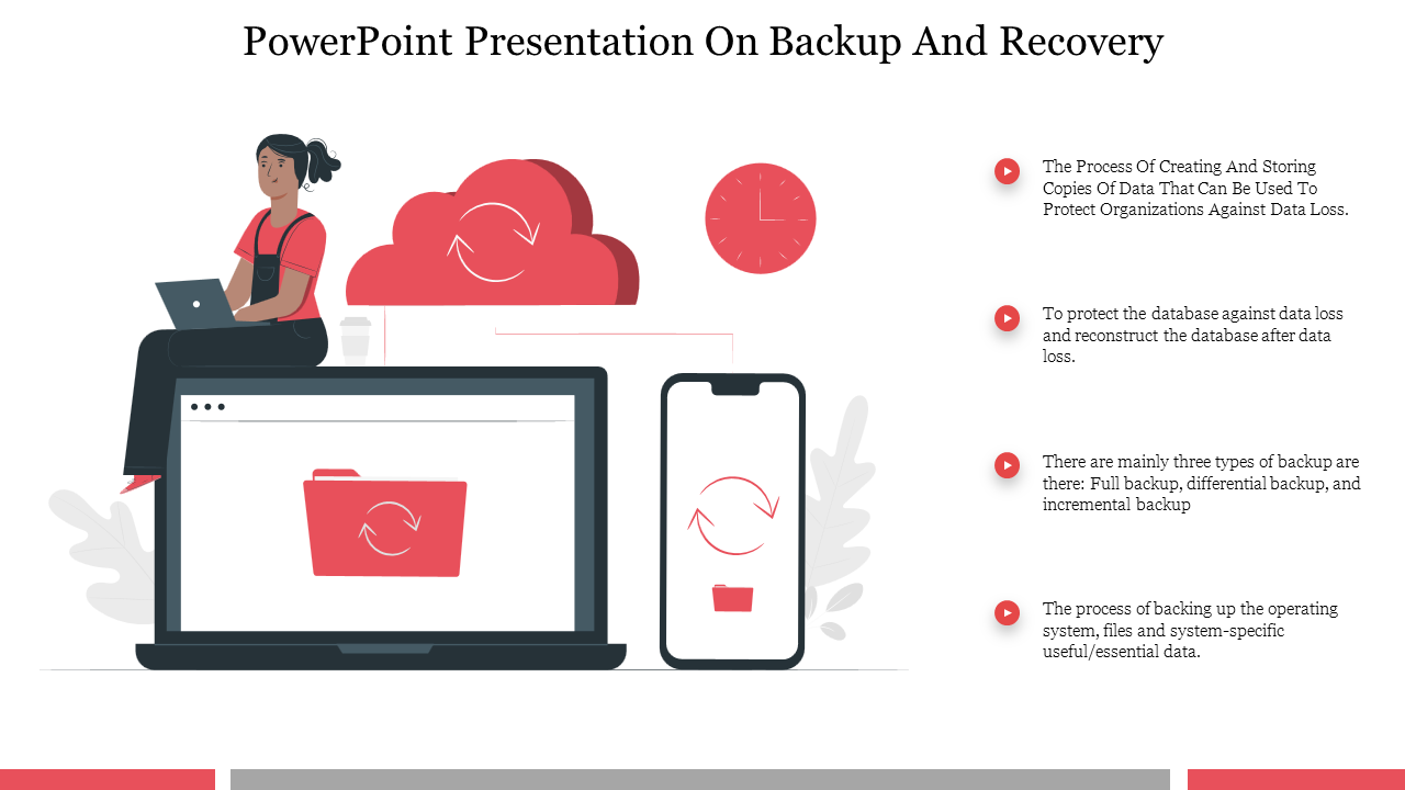 Illustration of a woman with a laptop, cloud and phone showing synchronized data icons in red and white with four captions.