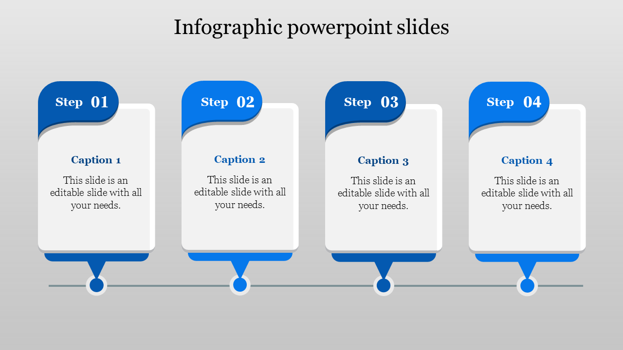 Infographic slide featuring four sequential steps in blue, with captions and text boxes connected by a horizontal line.