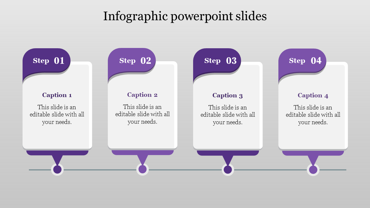 Infographic slide featuring four sequential steps in purple, with captions and text boxes connected by a horizontal line.