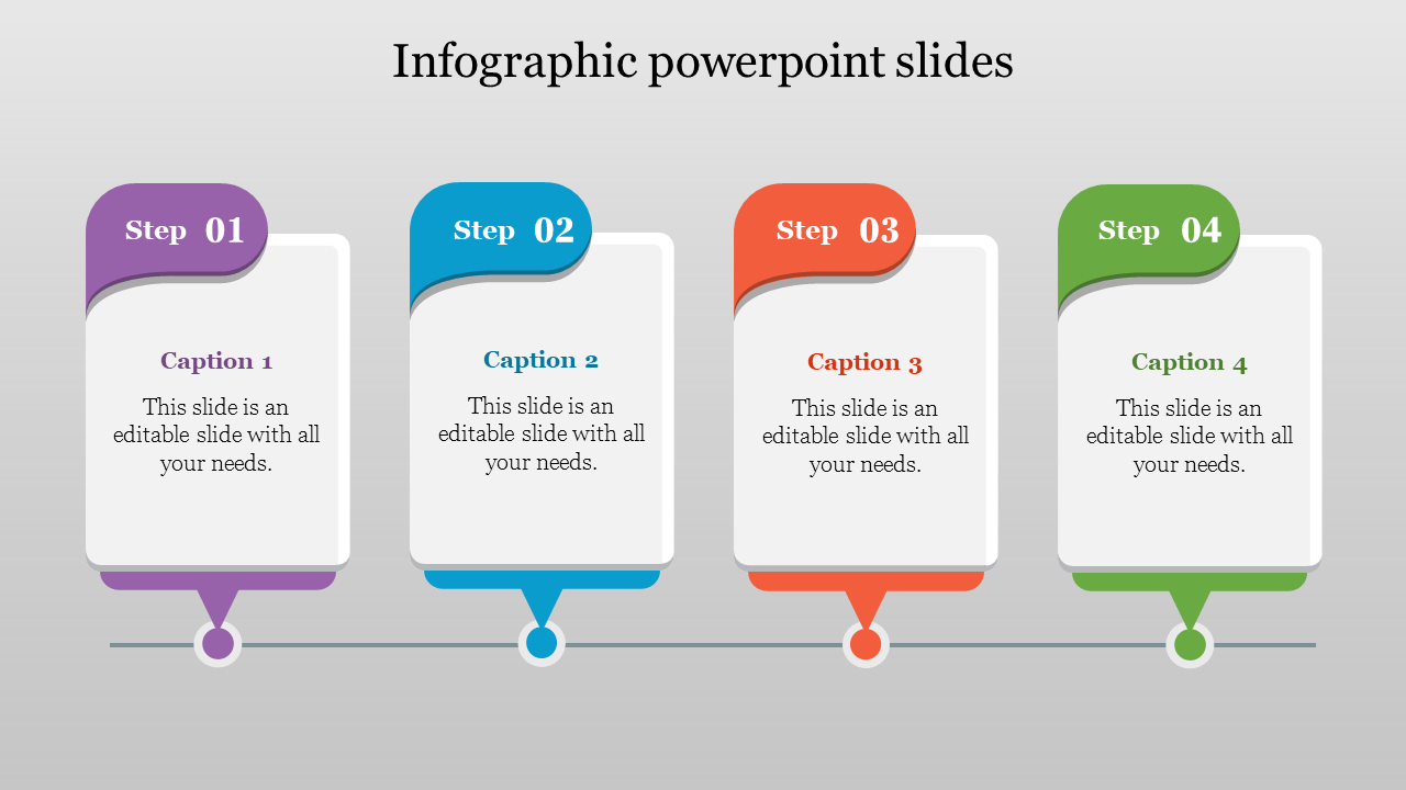 Infographic PPT slide with four steps, each in a distinct color purple, blue, orange, and green, with captions.