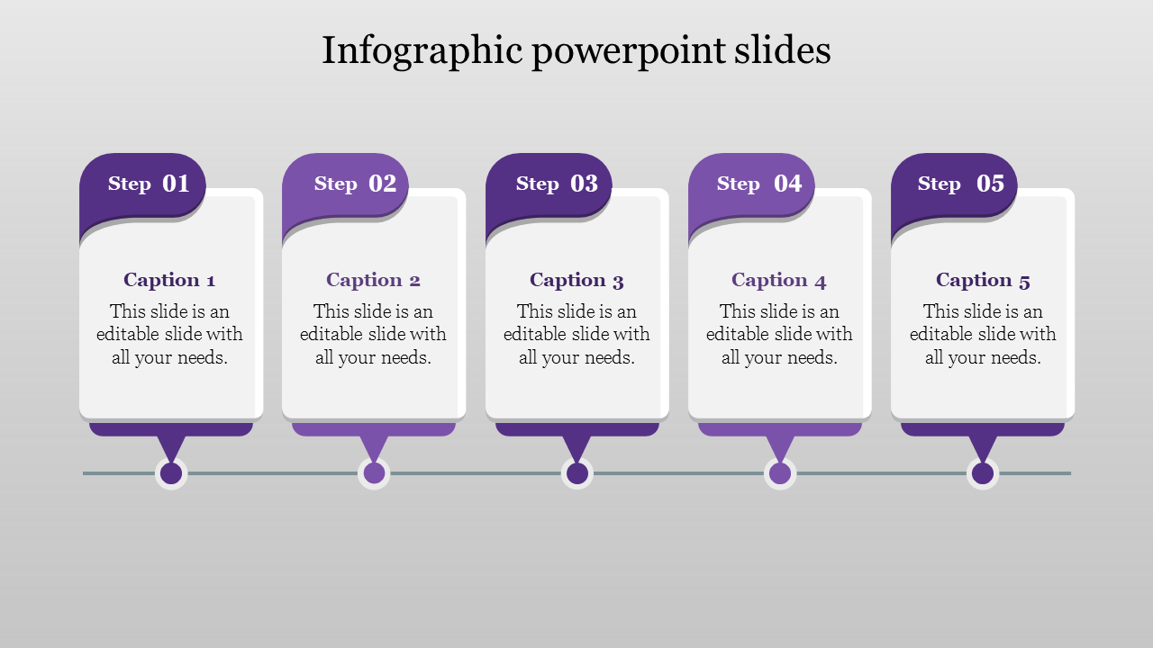 Infographic PowerPoint template with five purple numbered steps 01 to 05 with caption areas.