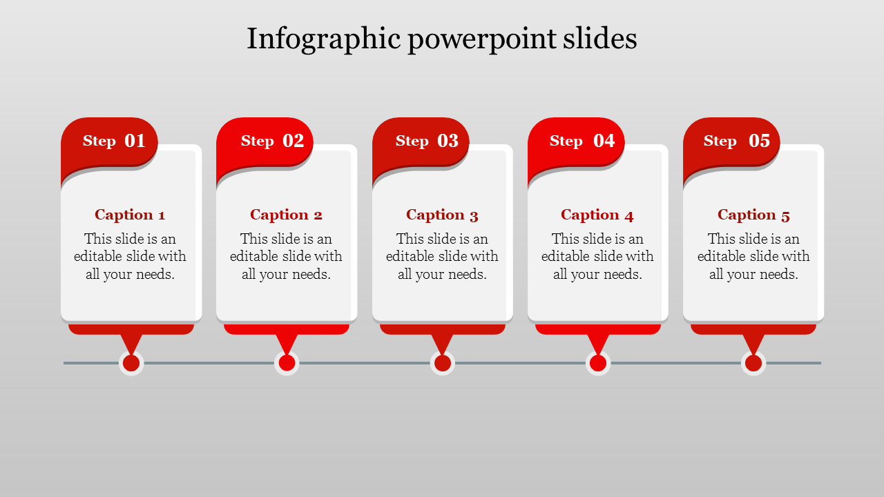 Red themed infographic slide with five step based text boxes, each placed above a line with circular markers.