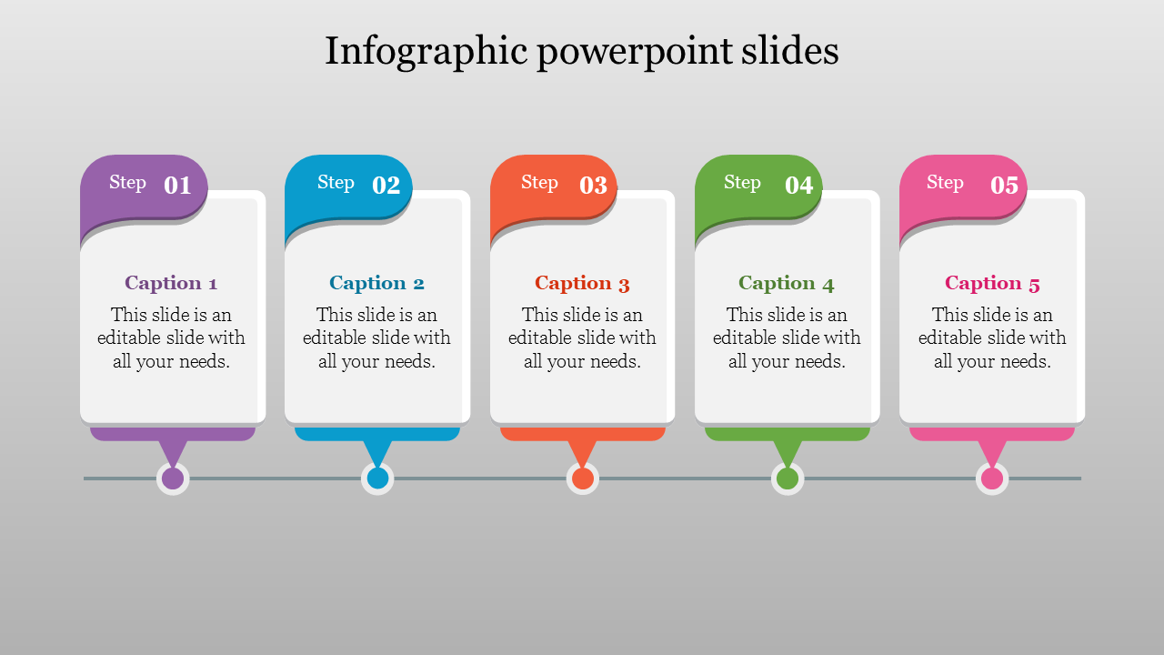 PowerPoint slide with five steps, each marked by a colored box and corresponding caption.