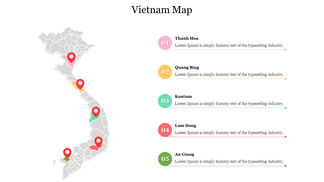 Vietnam map featuring five prominent locations identified with colorful markers along with placeholder text for descriptions.