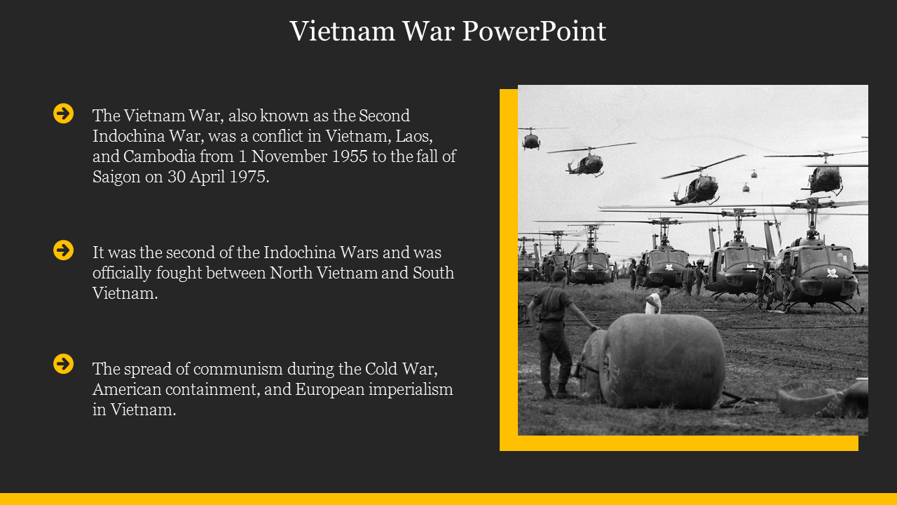 Black and yellow layout with a vintage photo of helicopters on the right and bullet points describing the Vietnam war.