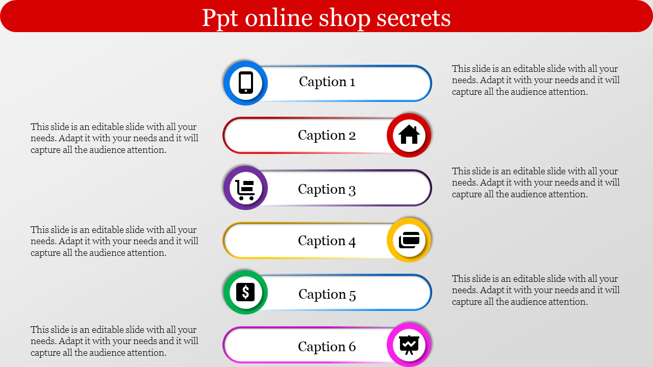 Online shop slide with six rounded rectangles in various colors, each containing icons and captions, on a gray background.