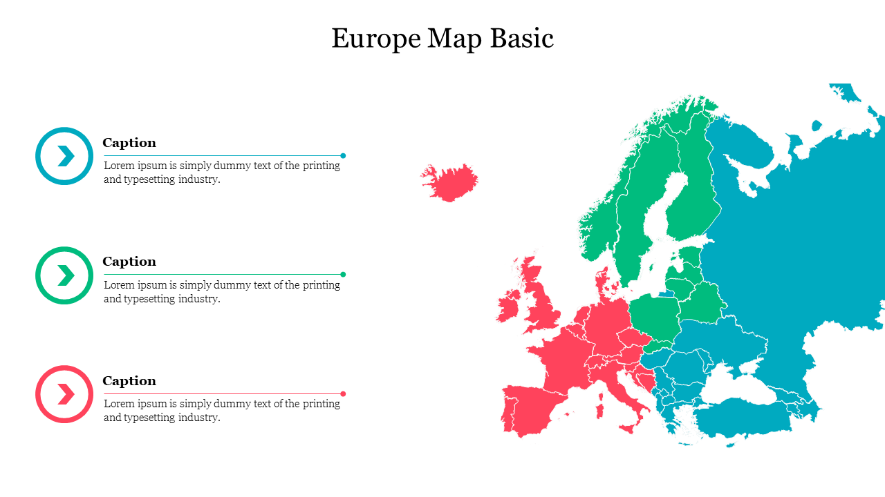 Basic europe map slide with color coded regions and three caption sections for additional information.