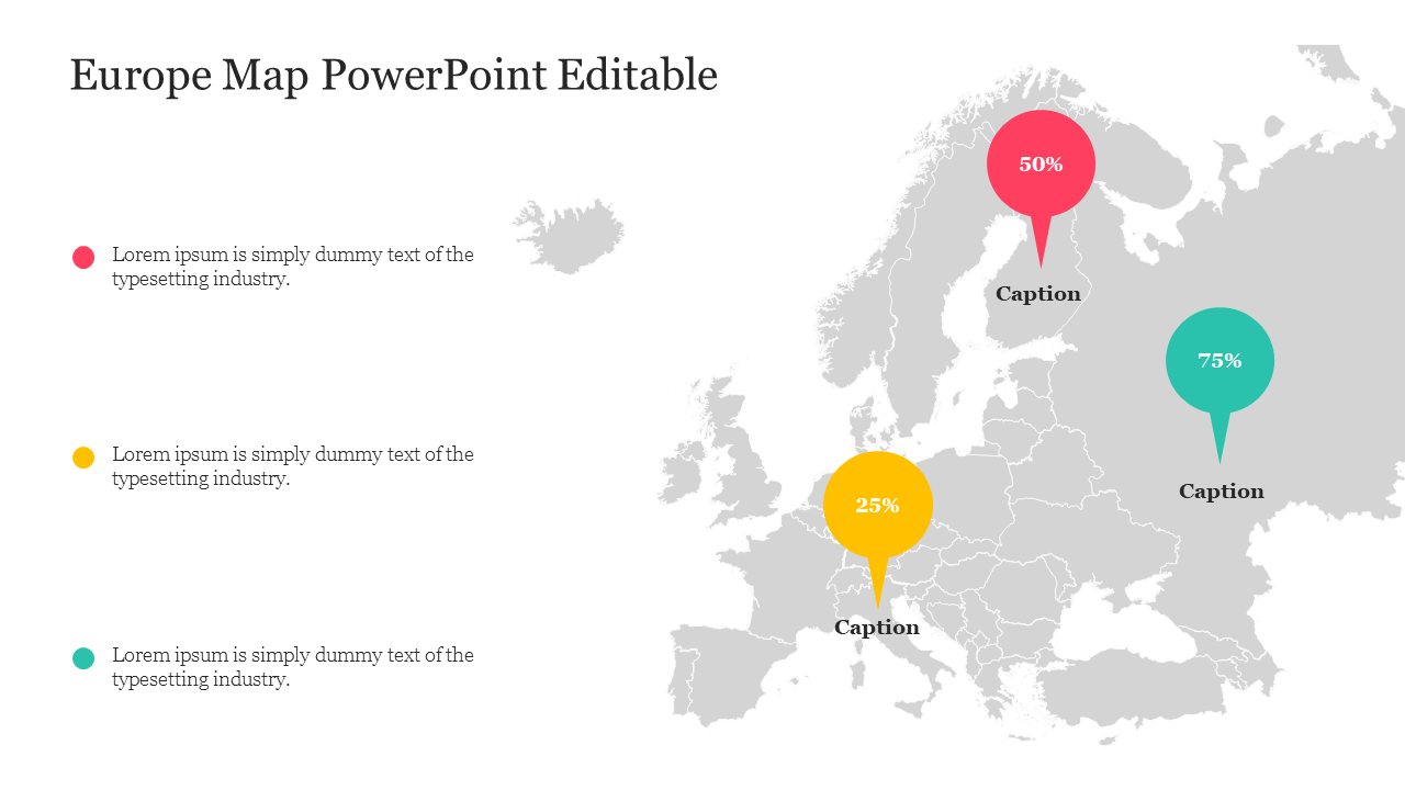 Europe map slide with colored markers highlighting percentages for different regions with placeholder text.