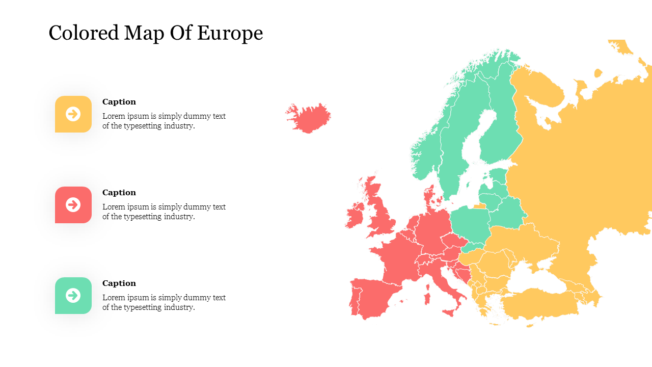 Multicolored map of Europe with three captions in yellow, red, and green sections aligned vertically on the left.