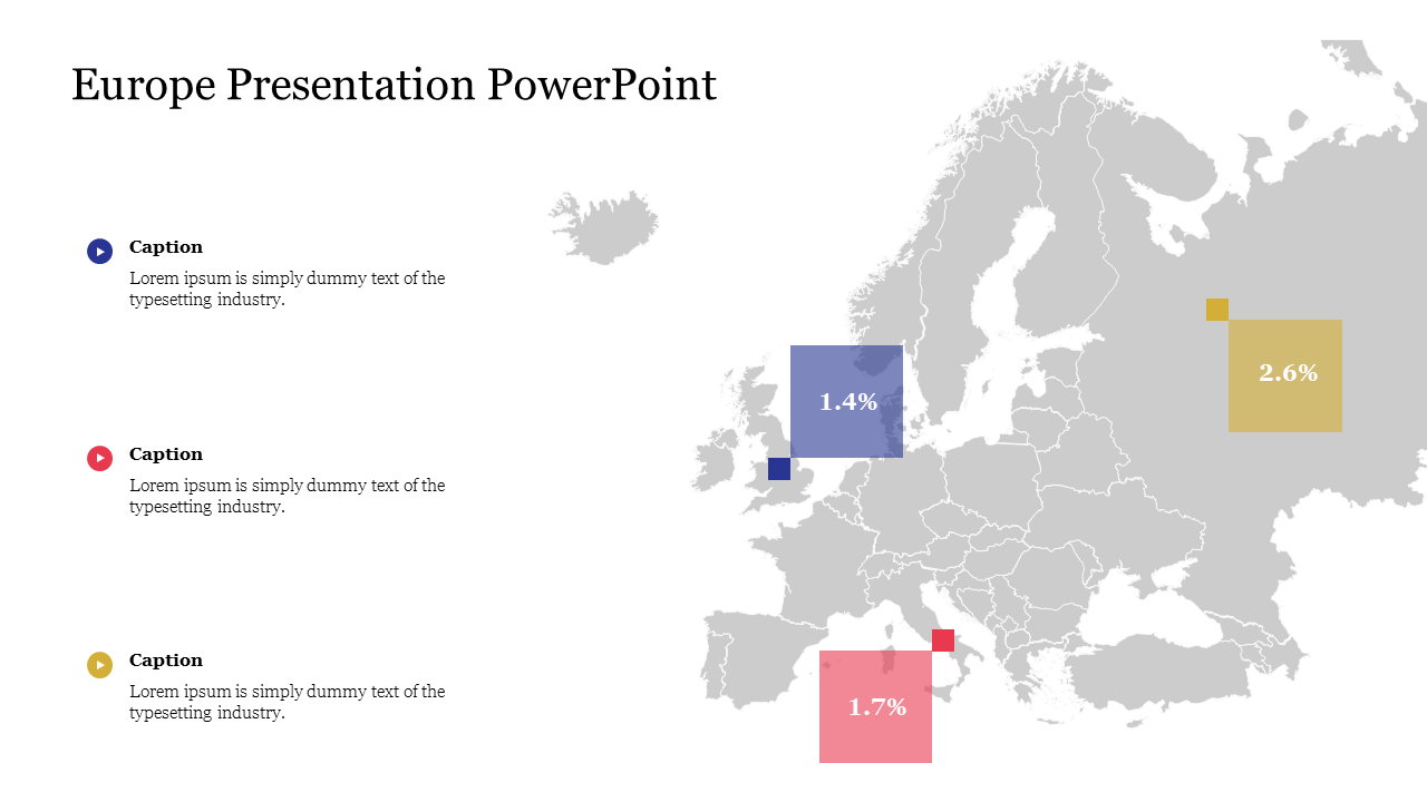 Europe map with three colored squares in blue, red, and yellow, containing percentages, and marked with captions on the left.