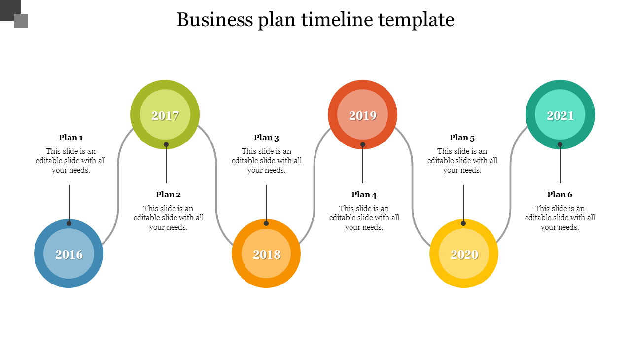 Business plan timeline showing six years, each represented by colored circles: blue, green, orange, red, yellow, and teal.