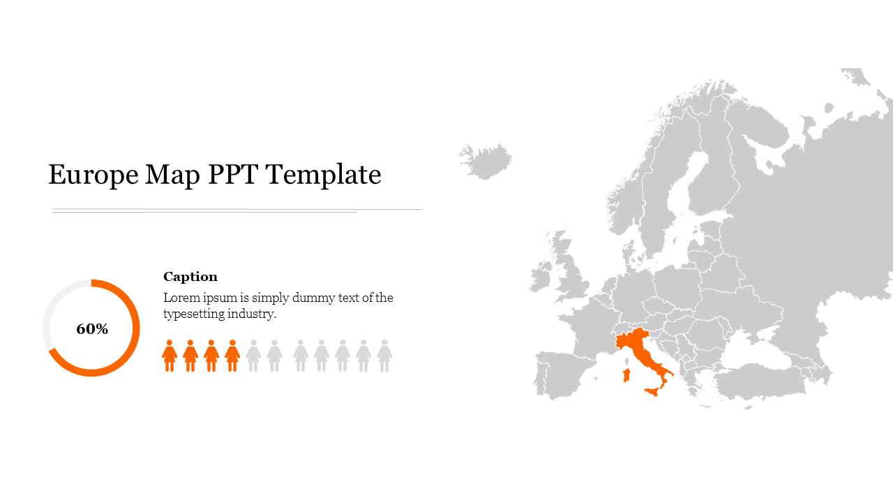 Europe map with Italy highlighted in orange, showing a percentage statistic with human icons for data representation.