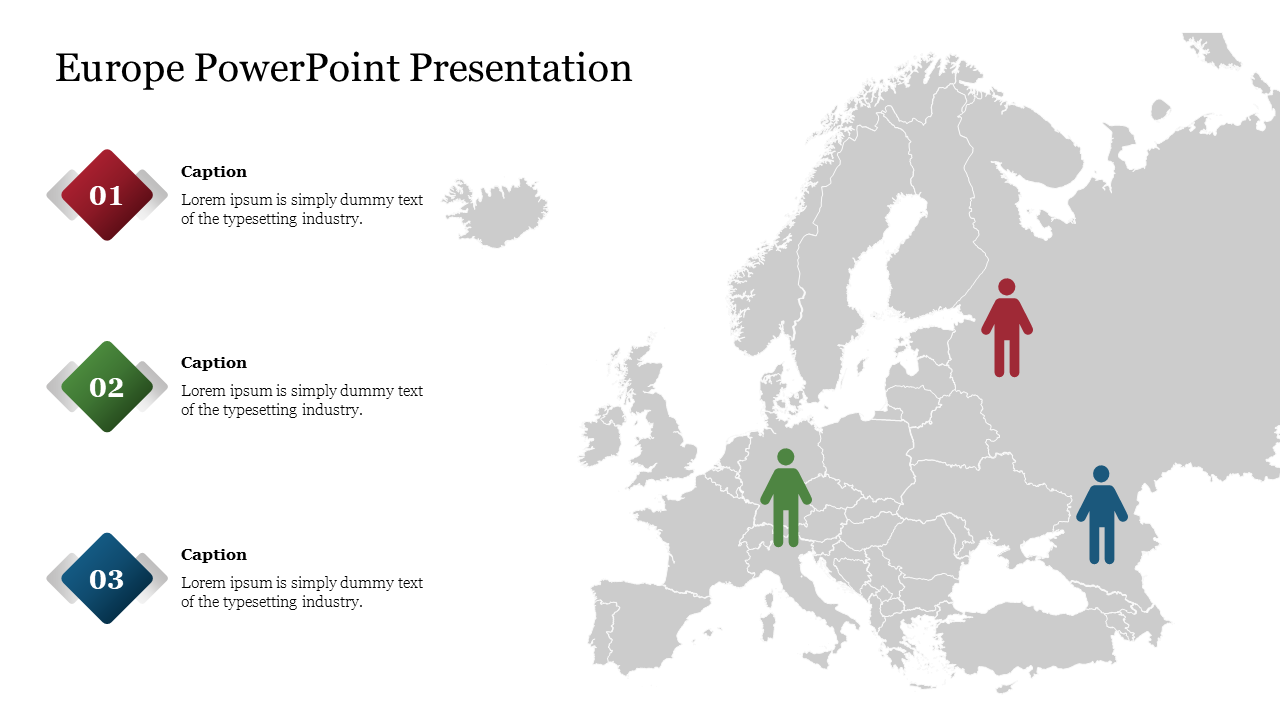 Map of Europe in gray with three colored icons in red, green, and blue, alongside numbered captions.