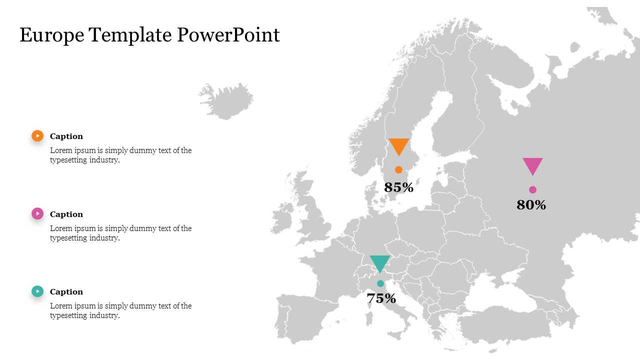 Map of Europe with three percentage markers and captions, featuring orange, pink, and teal location indicators.